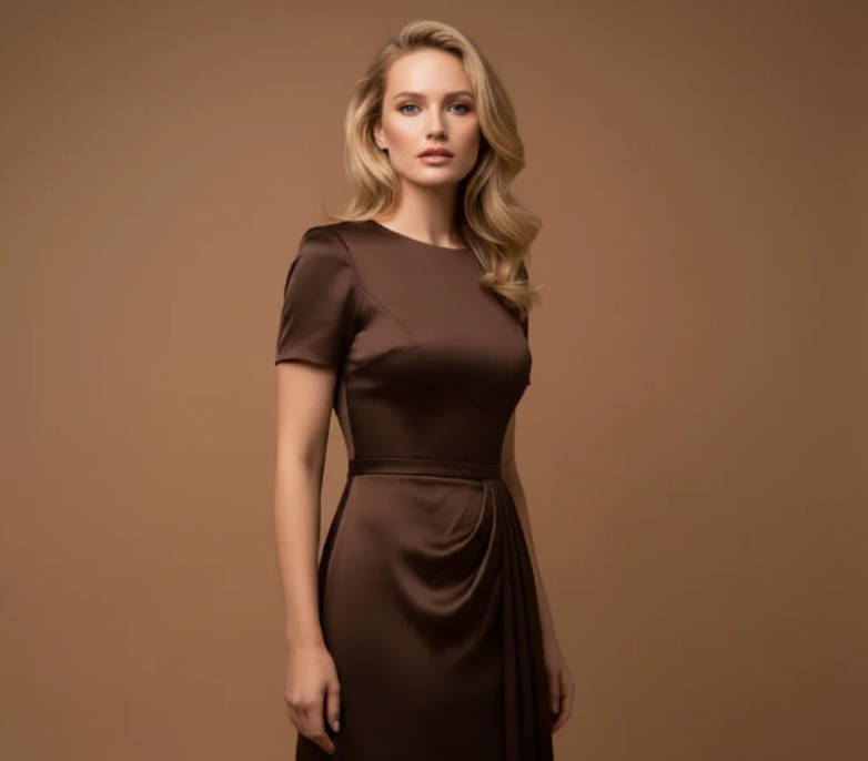 Mulher loura de frente com vestido castanho